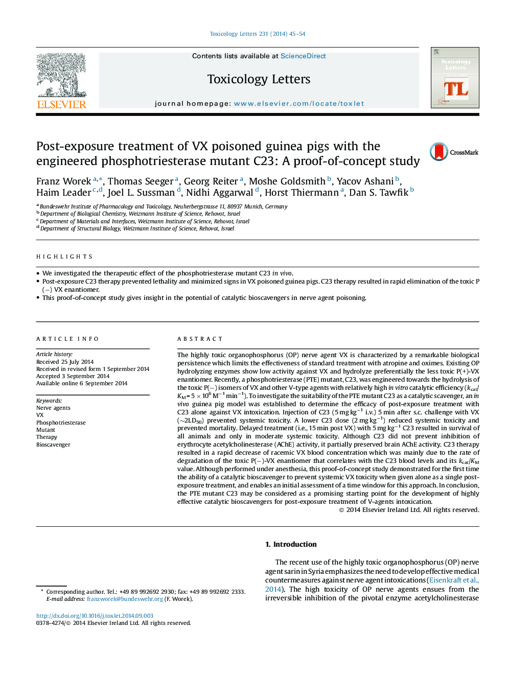 Post-exposure treatment of VX poisoned guinea pigs with the engineered phosphotriesterase mutant C23: A proof-of-concept study