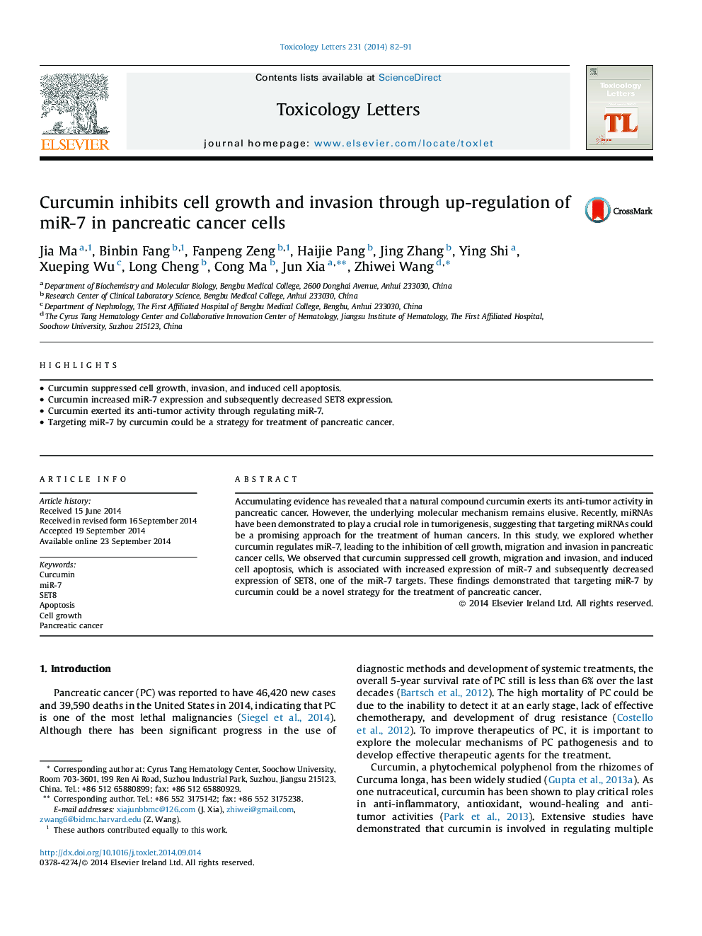 Curcumin inhibits cell growth and invasion through up-regulation of miR-7 in pancreatic cancer cells