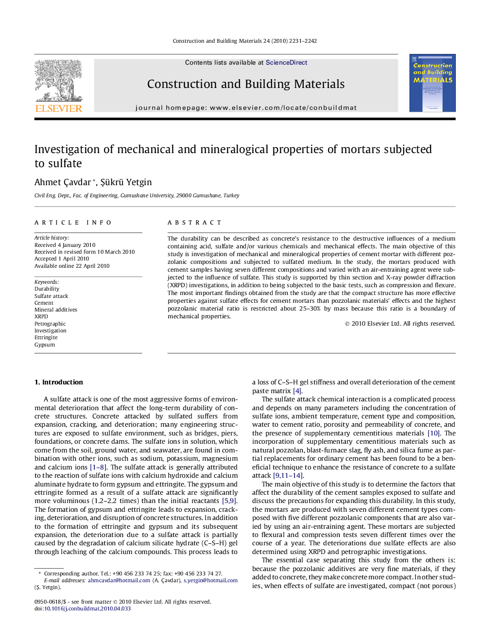 Investigation of mechanical and mineralogical properties of mortars subjected to sulfate