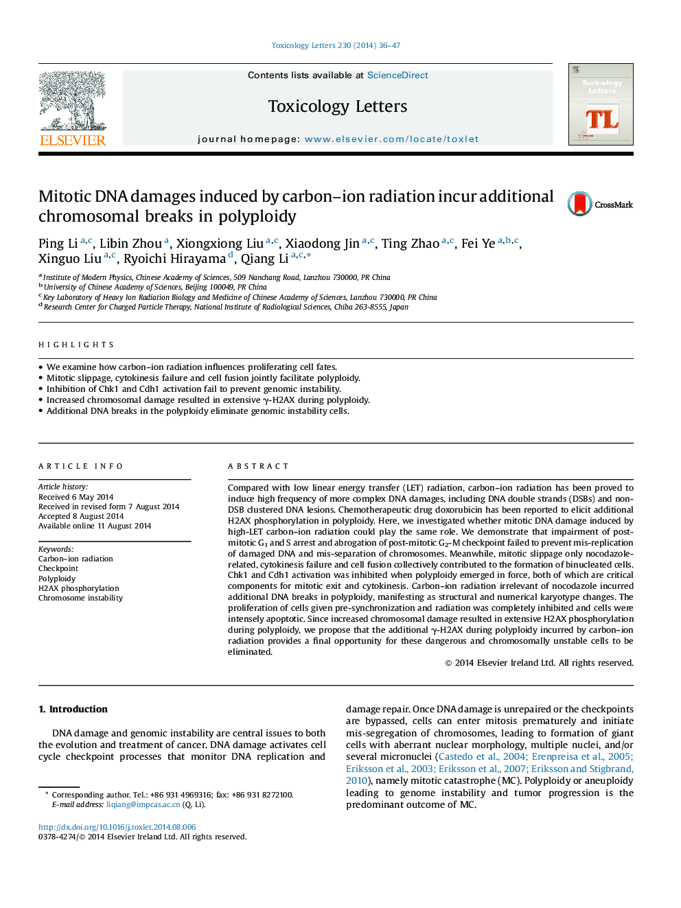 Mitotic DNA damages induced by carbon–ion radiation incur additional chromosomal breaks in polyploidy