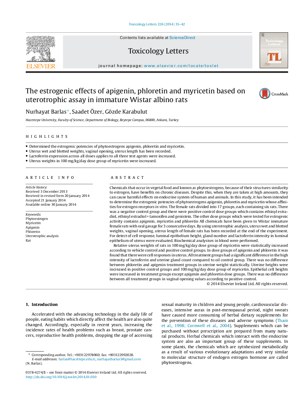 The estrogenic effects of apigenin, phloretin and myricetin based on uterotrophic assay in immature Wistar albino rats