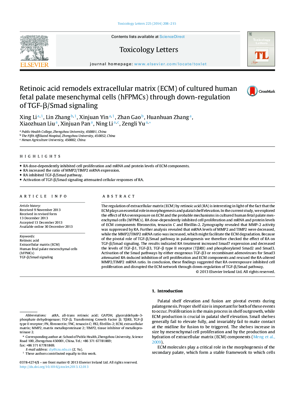 Retinoic acid remodels extracellular matrix (ECM) of cultured human fetal palate mesenchymal cells (hFPMCs) through down-regulation of TGF-β/Smad signaling
