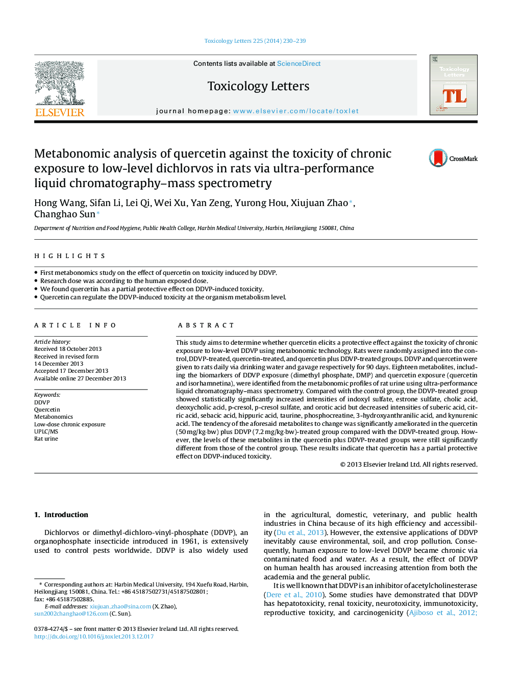 Metabonomic analysis of quercetin against the toxicity of chronic exposure to low-level dichlorvos in rats via ultra-performance liquid chromatography–mass spectrometry