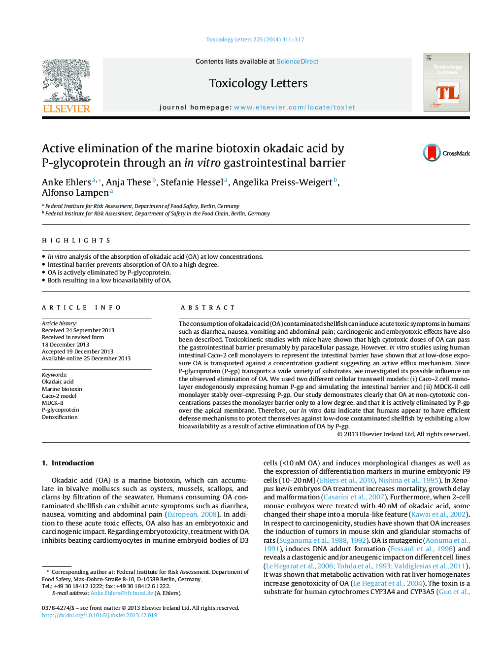 Active elimination of the marine biotoxin okadaic acid by P-glycoprotein through an in vitro gastrointestinal barrier