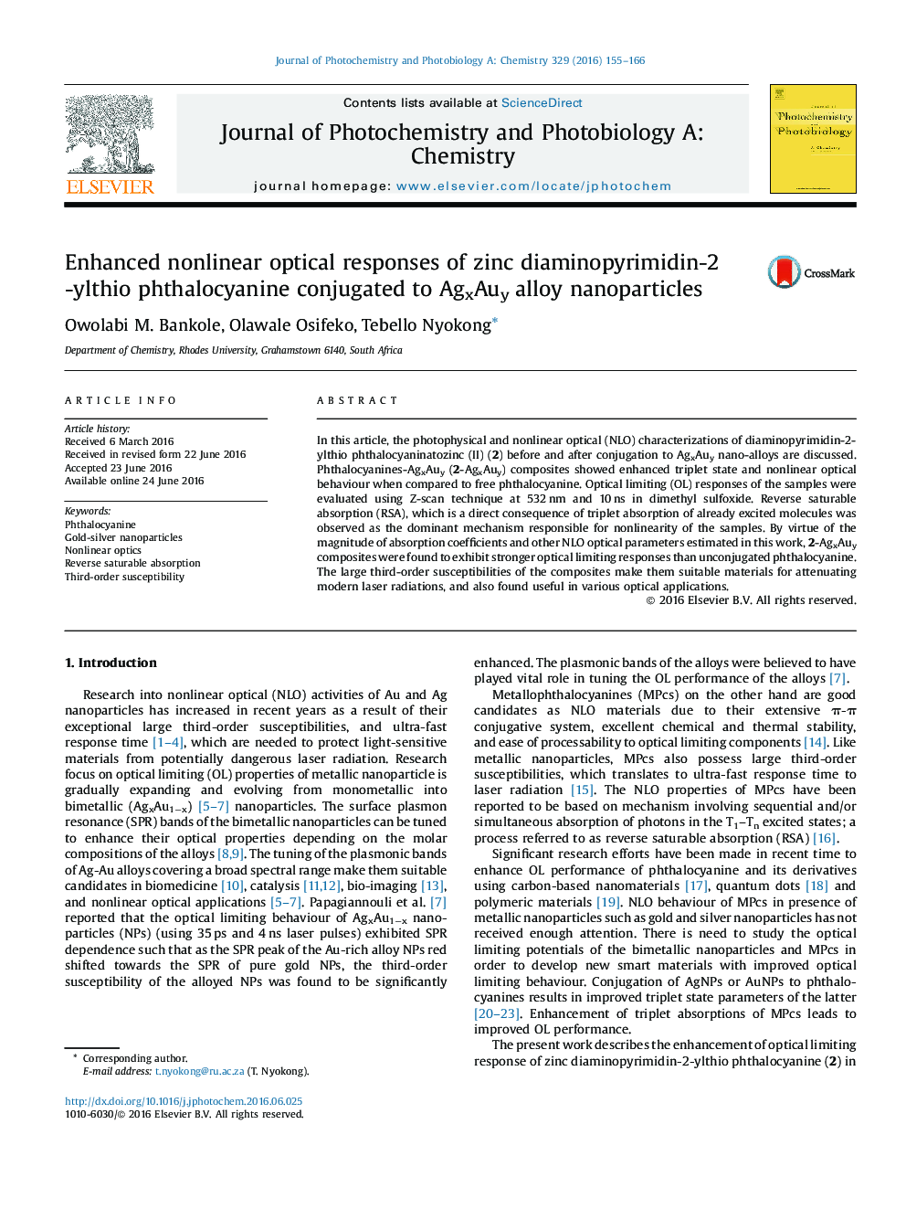 Enhanced nonlinear optical responses of zinc diaminopyrimidin-2-ylthio phthalocyanine conjugated to AgxAuy alloy nanoparticles