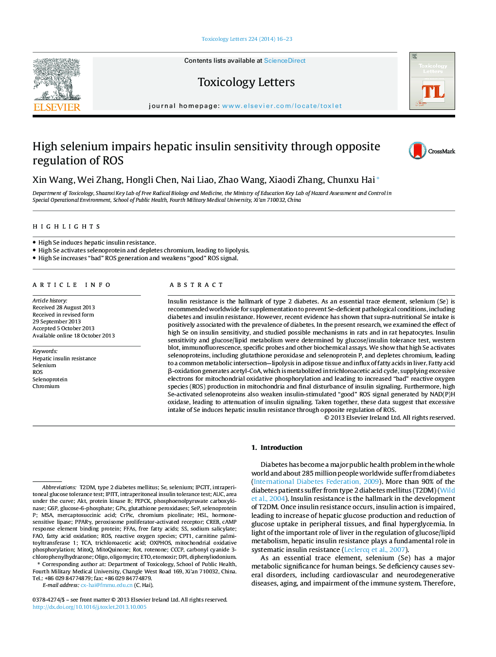 High selenium impairs hepatic insulin sensitivity through opposite regulation of ROS