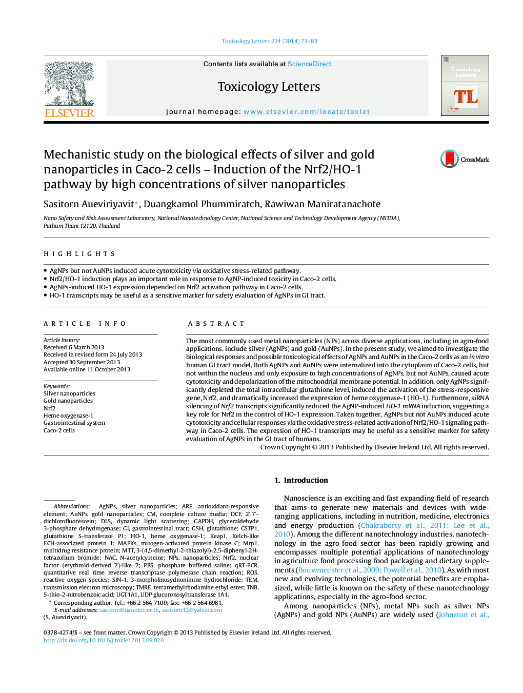 Mechanistic study on the biological effects of silver and gold nanoparticles in Caco-2 cells – Induction of the Nrf2/HO-1 pathway by high concentrations of silver nanoparticles