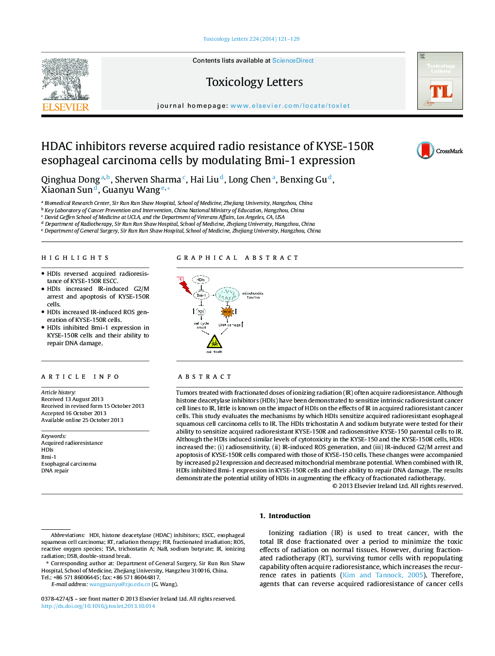 HDAC inhibitors reverse acquired radio resistance of KYSE-150R esophageal carcinoma cells by modulating Bmi-1 expression