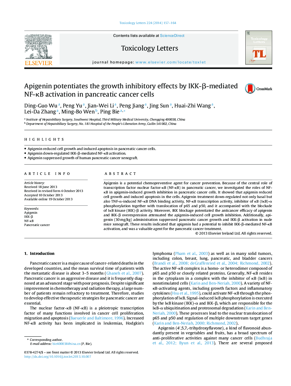 Apigenin potentiates the growth inhibitory effects by IKK-β-mediated NF-κB activation in pancreatic cancer cells