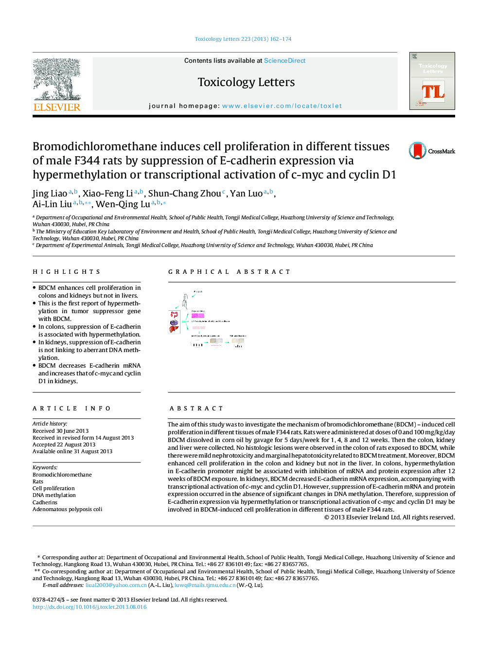 Bromodichloromethane induces cell proliferation in different tissues of male F344 rats by suppression of E-cadherin expression via hypermethylation or transcriptional activation of c-myc and cyclin D1