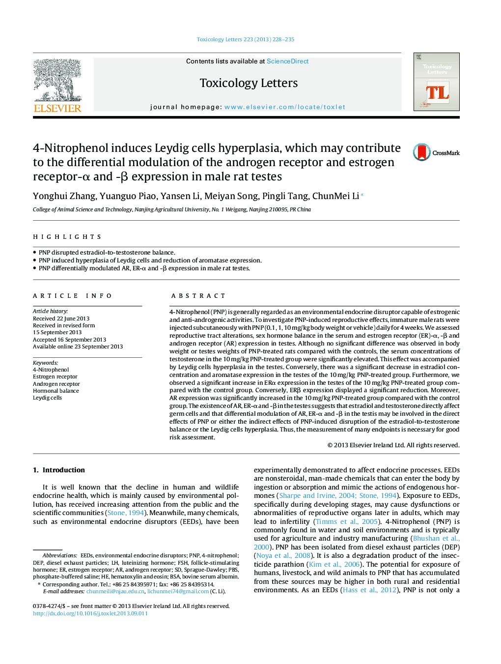 عکس صفحه اول مقاله: 4-Nitrophenol induces Leydig cells hyperplasia, which may contribute to the differential modulation of the androgen receptor and estrogen receptor-α and -β expression in male rat testes 4-Nitrophenol induces Leydig cells hyperplasia, which may contribute to the differential modulation of the androgen receptor and estrogen receptor-α and -β expression in male rat testes