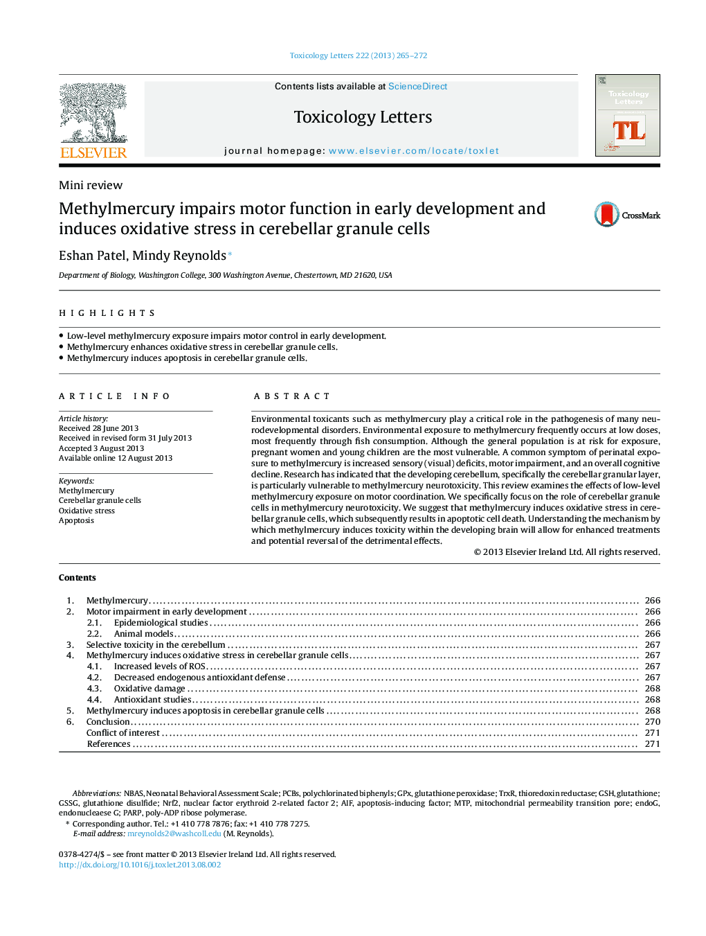 Methylmercury impairs motor function in early development and induces oxidative stress in cerebellar granule cells