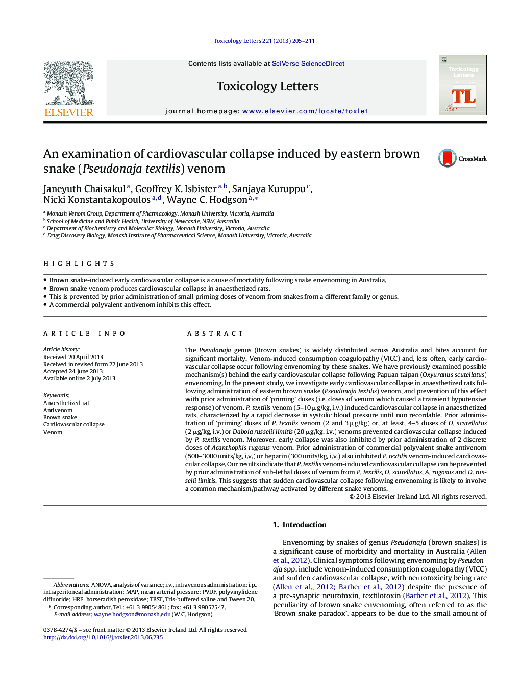 An examination of cardiovascular collapse induced by eastern brown snake (Pseudonaja textilis) venom