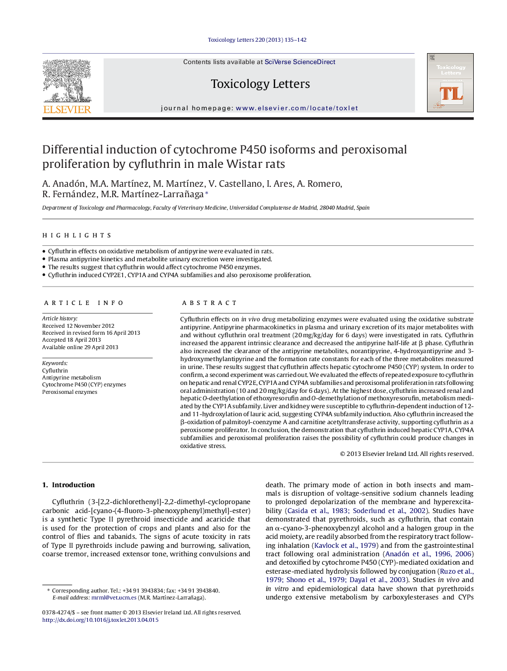 Differential induction of cytochrome P450 isoforms and peroxisomal proliferation by cyfluthrin in male Wistar rats