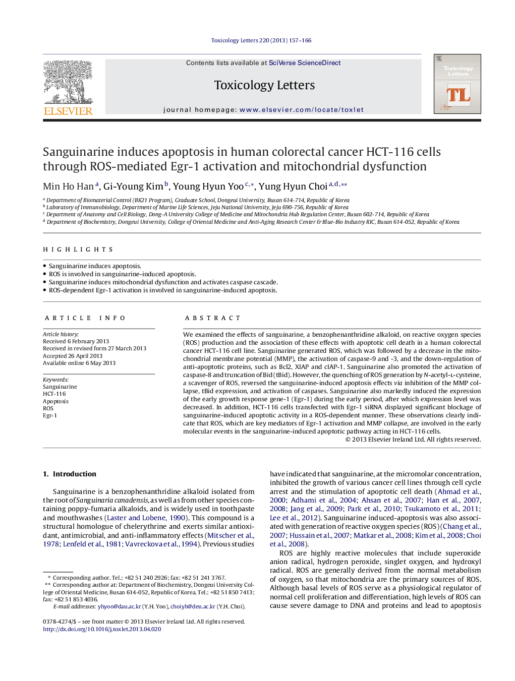 Sanguinarine induces apoptosis in human colorectal cancer HCT-116 cells through ROS-mediated Egr-1 activation and mitochondrial dysfunction