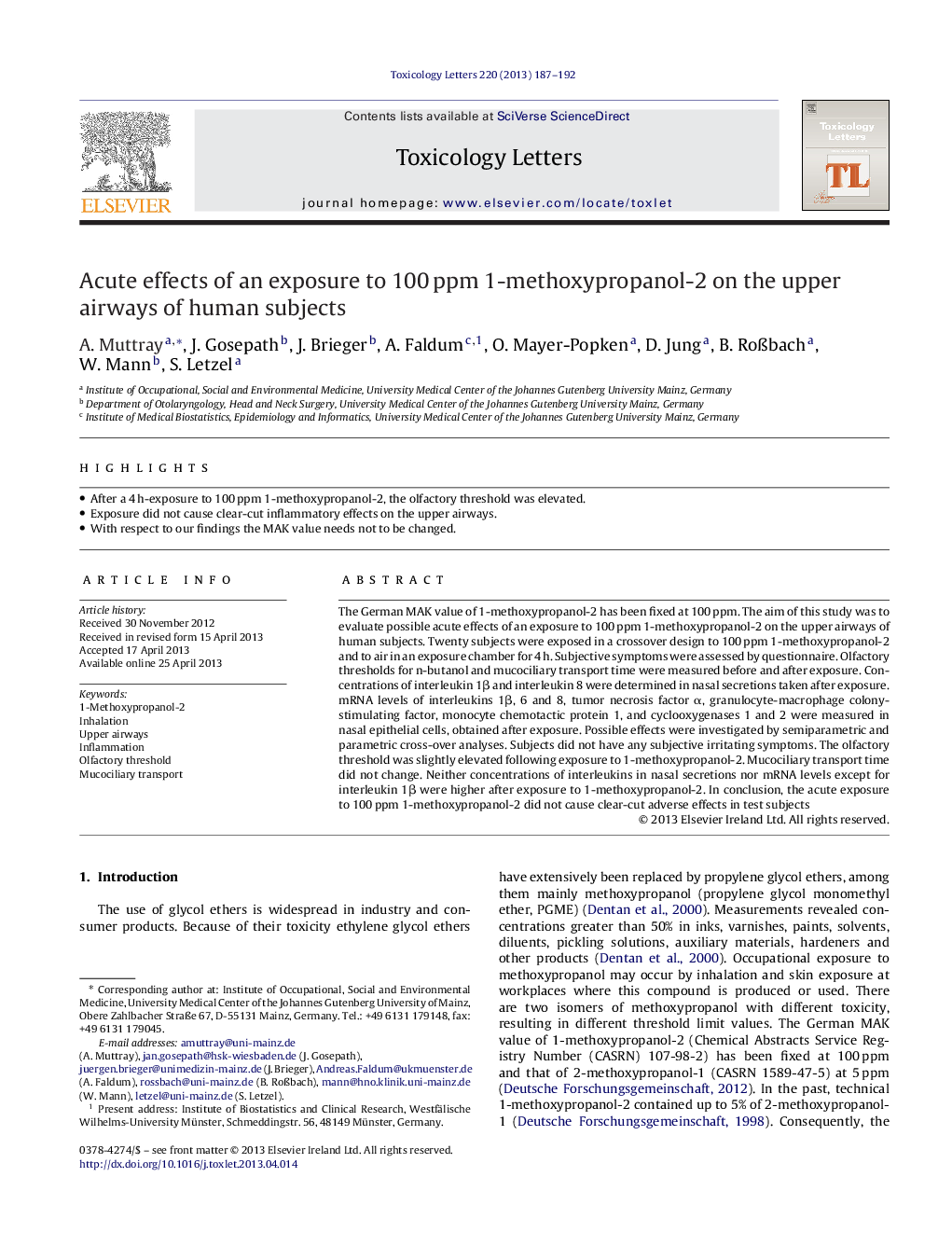 Acute effects of an exposure to 100 ppm 1-methoxypropanol-2 on the upper airways of human subjects