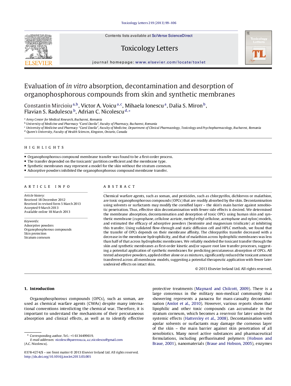 Evaluation of in vitro absorption, decontamination and desorption of organophosphorous compounds from skin and synthetic membranes