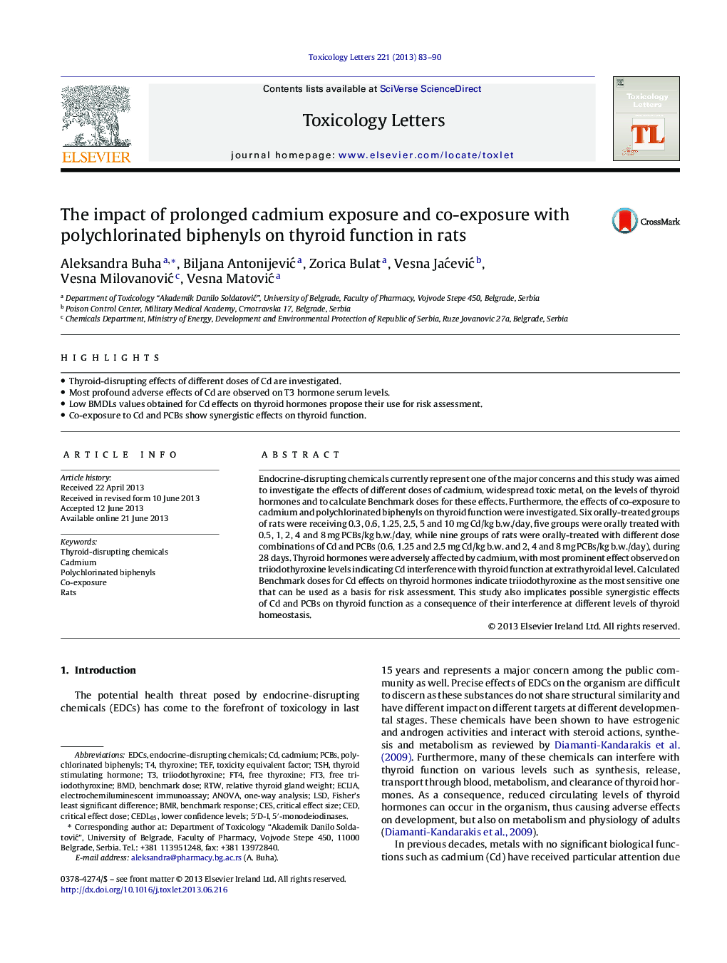 The impact of prolonged cadmium exposure and co-exposure with polychlorinated biphenyls on thyroid function in rats