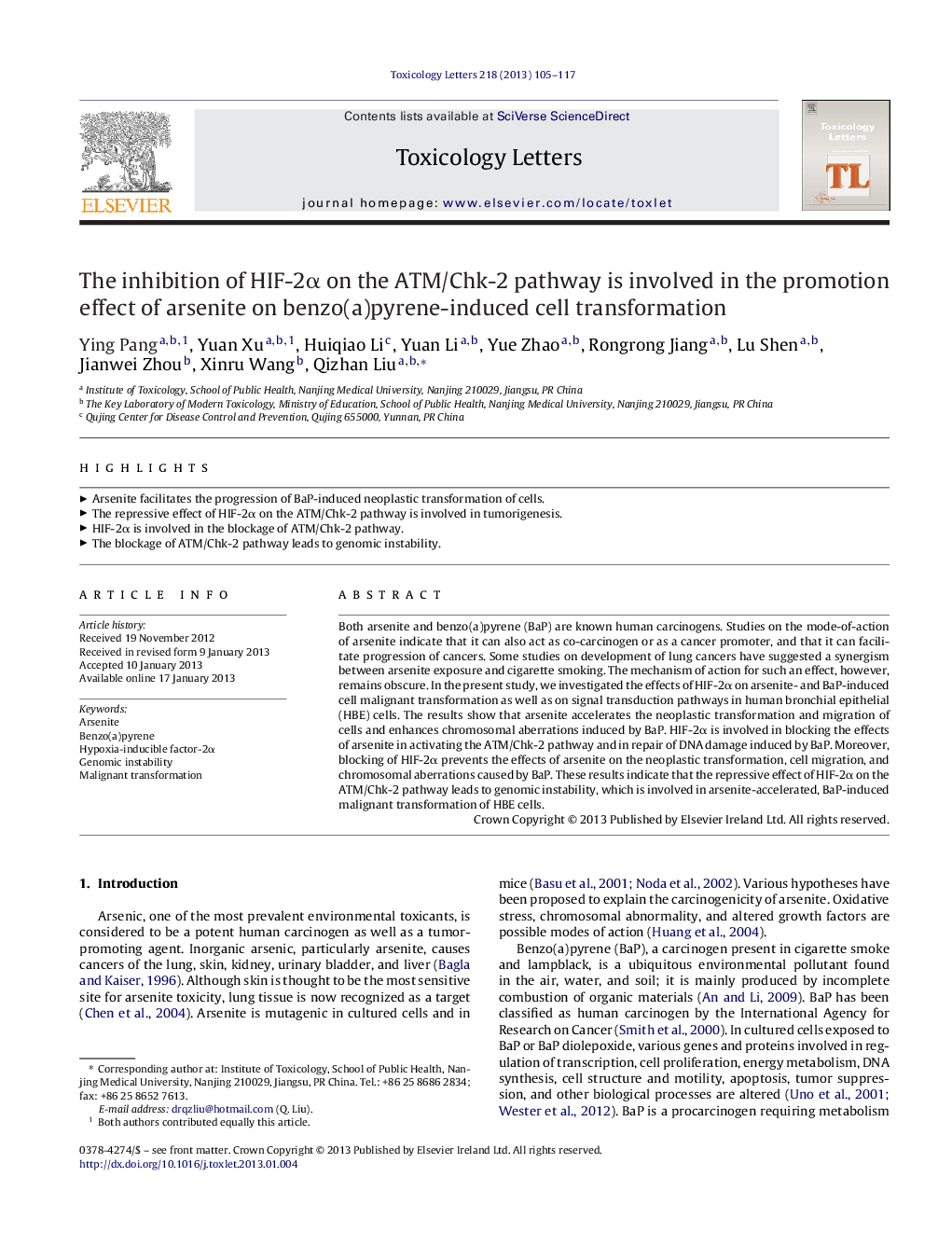 The inhibition of HIF-2α on the ATM/Chk-2 pathway is involved in the promotion effect of arsenite on benzo(a)pyrene-induced cell transformation