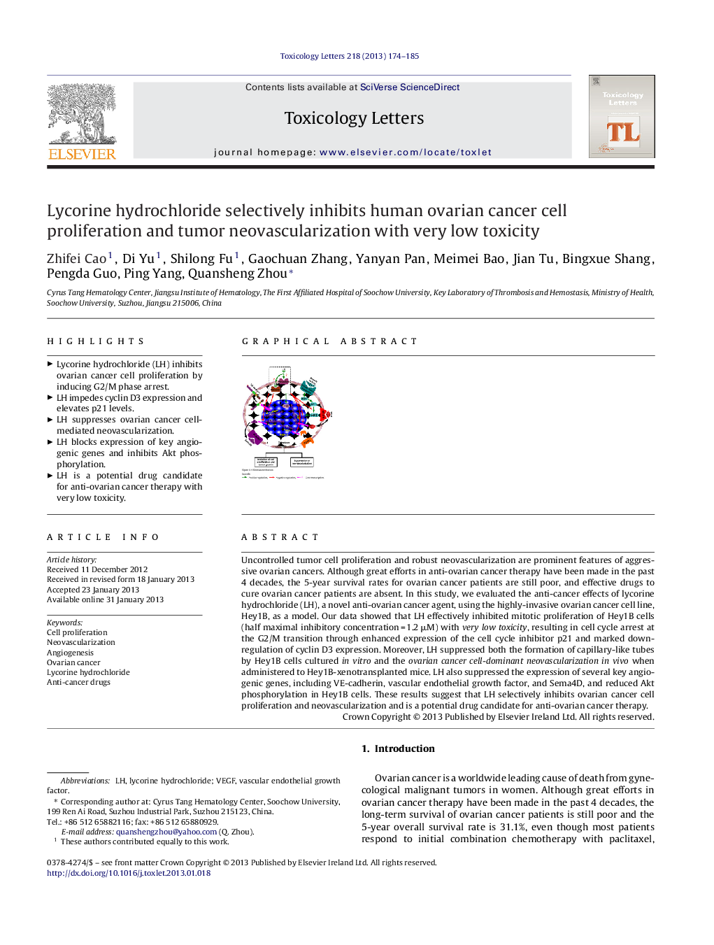 Lycorine hydrochloride selectively inhibits human ovarian cancer cell proliferation and tumor neovascularization with very low toxicity