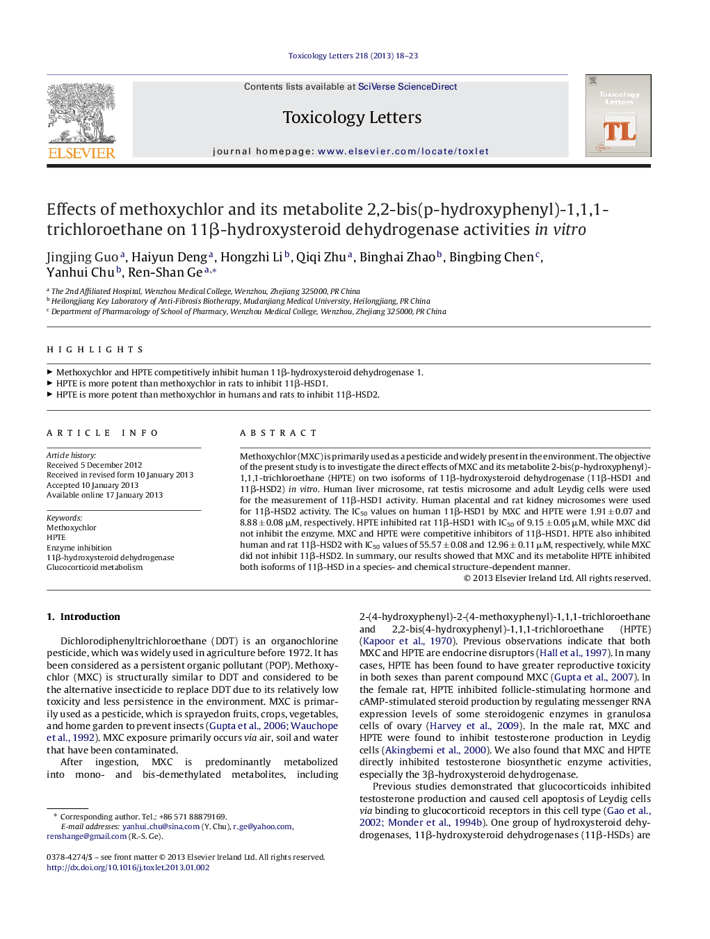 Effects of methoxychlor and its metabolite 2,2-bis(p-hydroxyphenyl)-1,1,1-trichloroethane on 11β-hydroxysteroid dehydrogenase activities in vitro