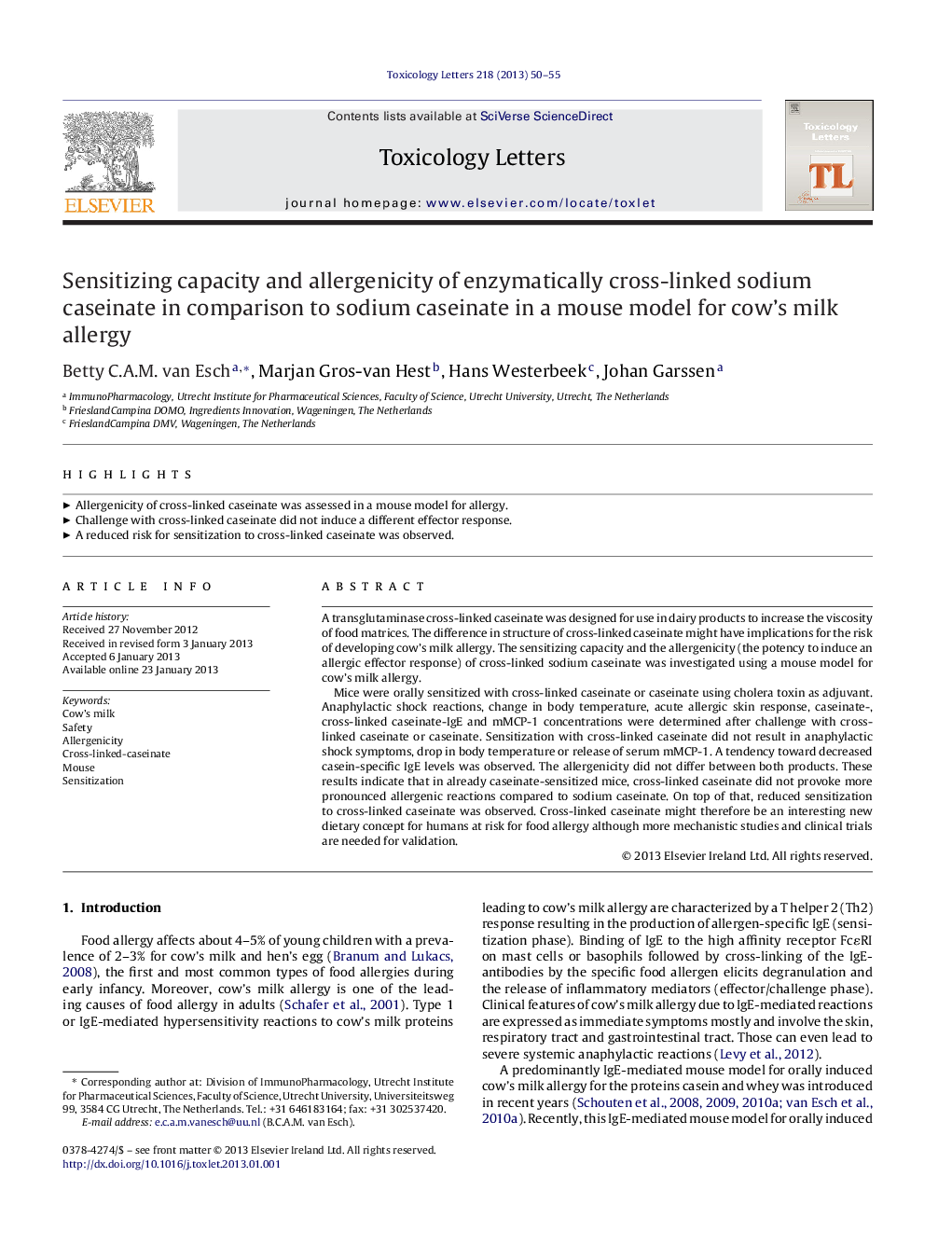 Sensitizing capacity and allergenicity of enzymatically cross-linked sodium caseinate in comparison to sodium caseinate in a mouse model for cow's milk allergy