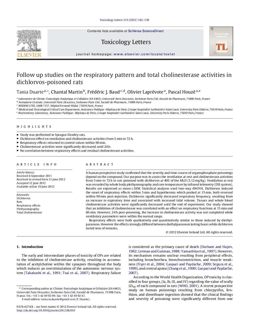 Follow up studies on the respiratory pattern and total cholinesterase activities in dichlorvos-poisoned rats