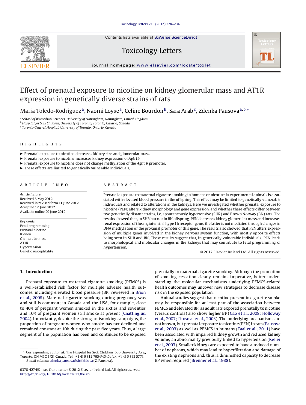 Effect of prenatal exposure to nicotine on kidney glomerular mass and AT1R expression in genetically diverse strains of rats