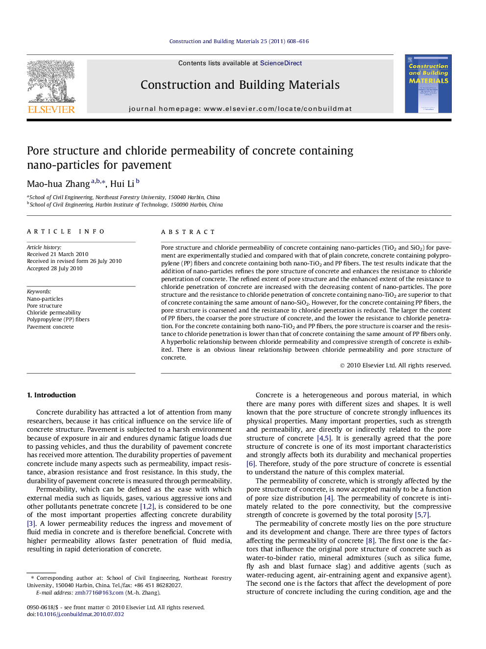 Pore structure and chloride permeability of concrete containing nano-particles for pavement