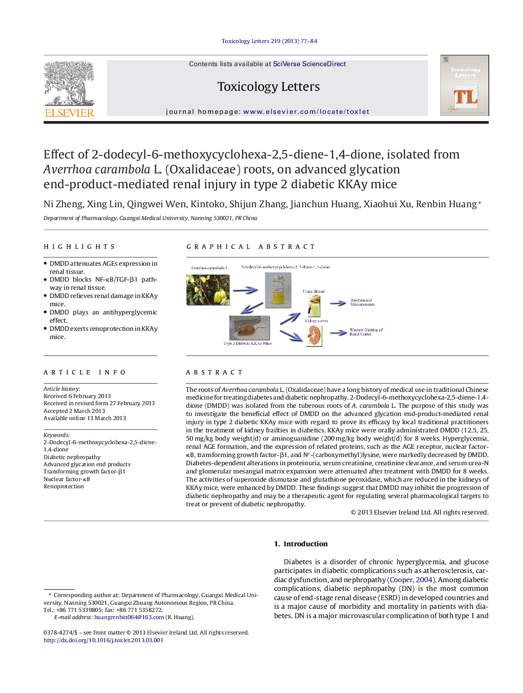 Effect of 2-dodecyl-6-methoxycyclohexa-2,5-diene-1,4-dione, isolated from Averrhoa carambola L. (Oxalidaceae) roots, on advanced glycation end-product-mediated renal injury in type 2 diabetic KKAy mice