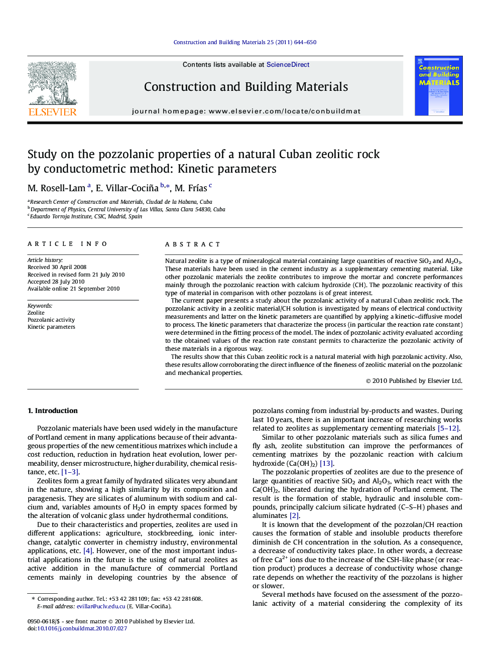 Study on the pozzolanic properties of a natural Cuban zeolitic rock by conductometric method: Kinetic parameters