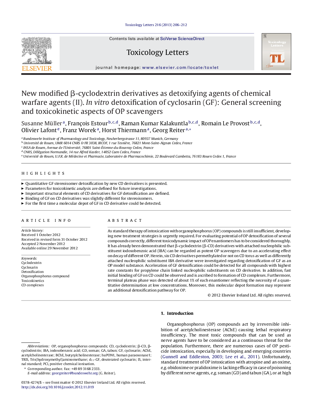 New modified β-cyclodextrin derivatives as detoxifying agents of chemical warfare agents (II). In vitro detoxification of cyclosarin (GF): General screening and toxicokinetic aspects of OP scavengers