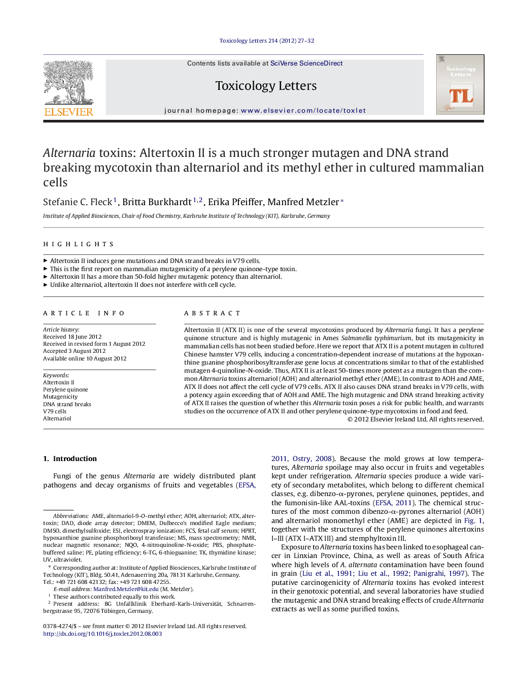 Alternaria toxins: Altertoxin II is a much stronger mutagen and DNA strand breaking mycotoxin than alternariol and its methyl ether in cultured mammalian cells