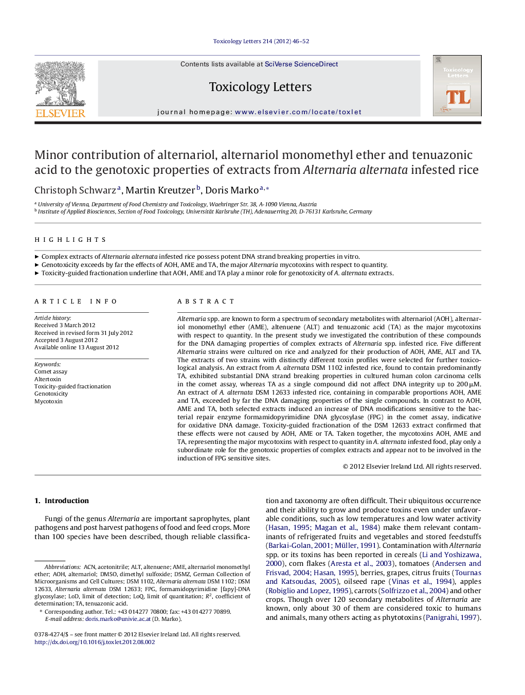 Minor contribution of alternariol, alternariol monomethyl ether and tenuazonic acid to the genotoxic properties of extracts from Alternaria alternata infested rice