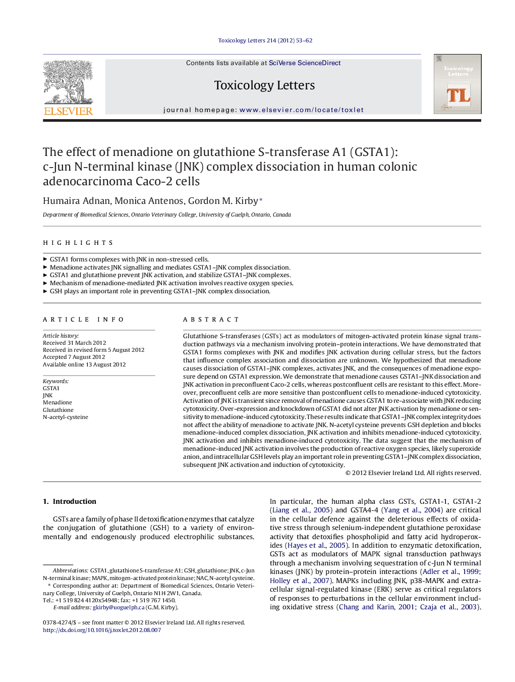 The effect of menadione on glutathione S-transferase A1 (GSTA1): c-Jun N-terminal kinase (JNK) complex dissociation in human colonic adenocarcinoma Caco-2 cells