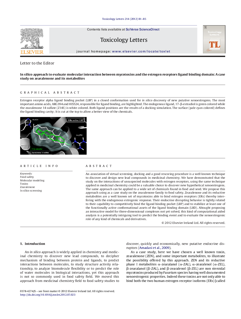 In silico approach to evaluate molecular interaction between mycotoxins and the estrogen receptors ligand binding domain: A case study on zearalenone and its metabolites