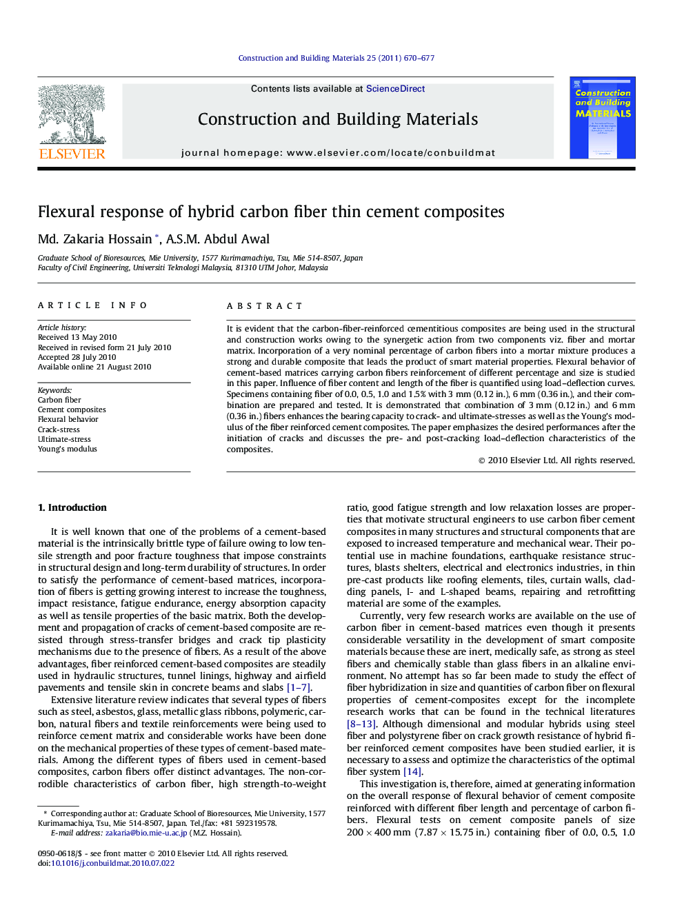 Flexural response of hybrid carbon fiber thin cement composites