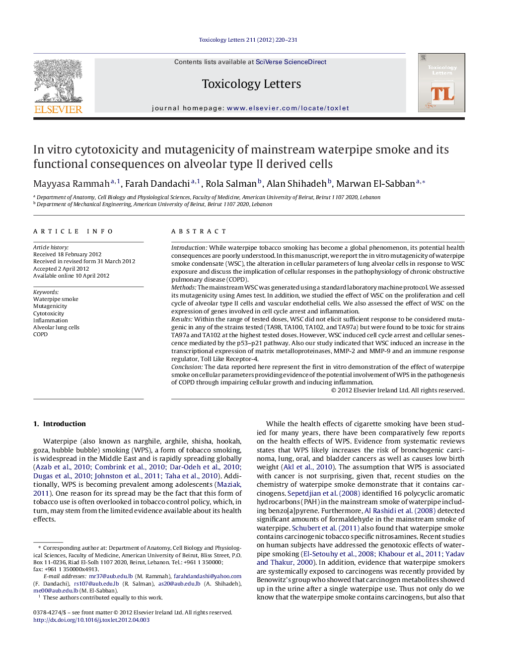 In vitro cytotoxicity and mutagenicity of mainstream waterpipe smoke and its functional consequences on alveolar type II derived cells