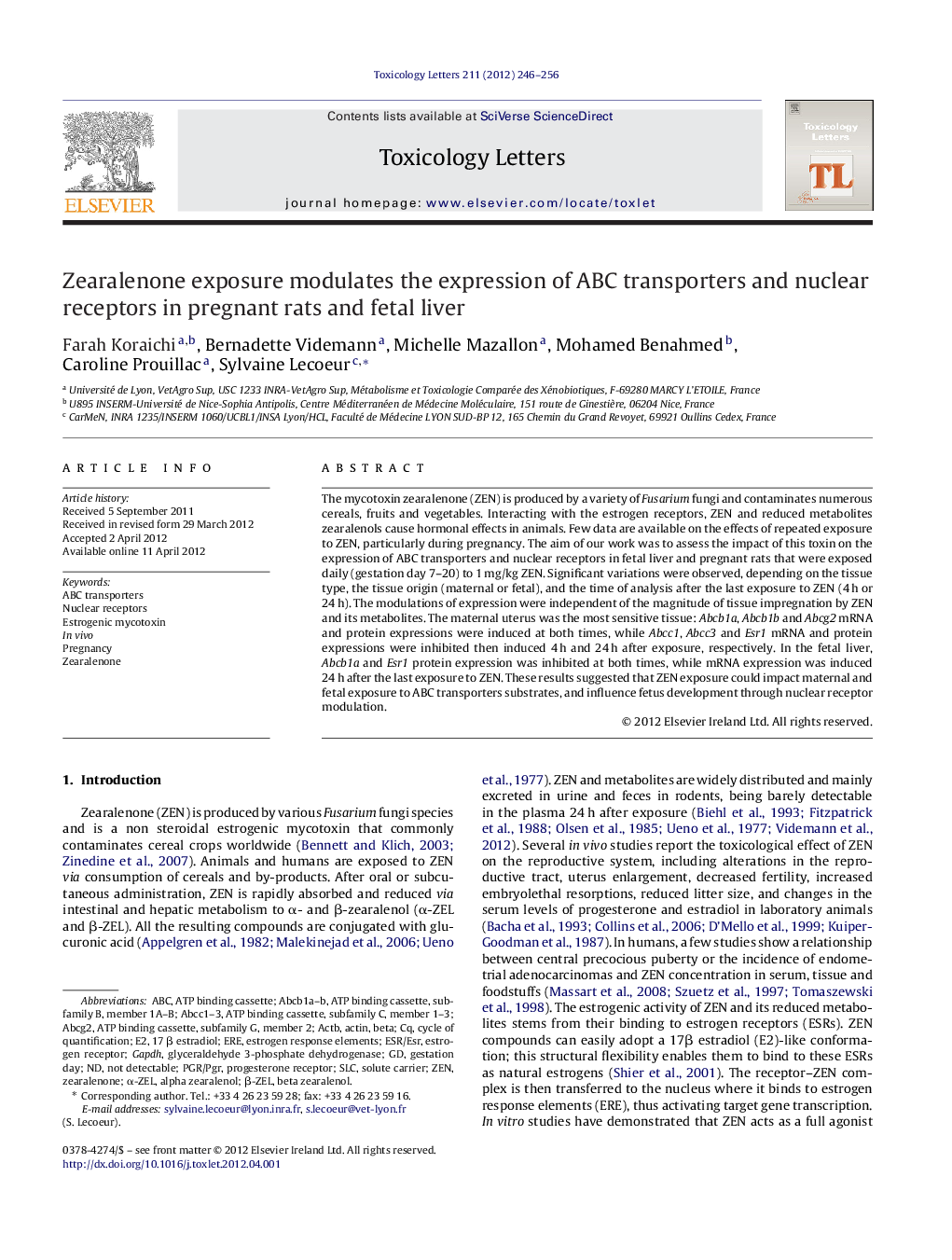 Zearalenone exposure modulates the expression of ABC transporters and nuclear receptors in pregnant rats and fetal liver