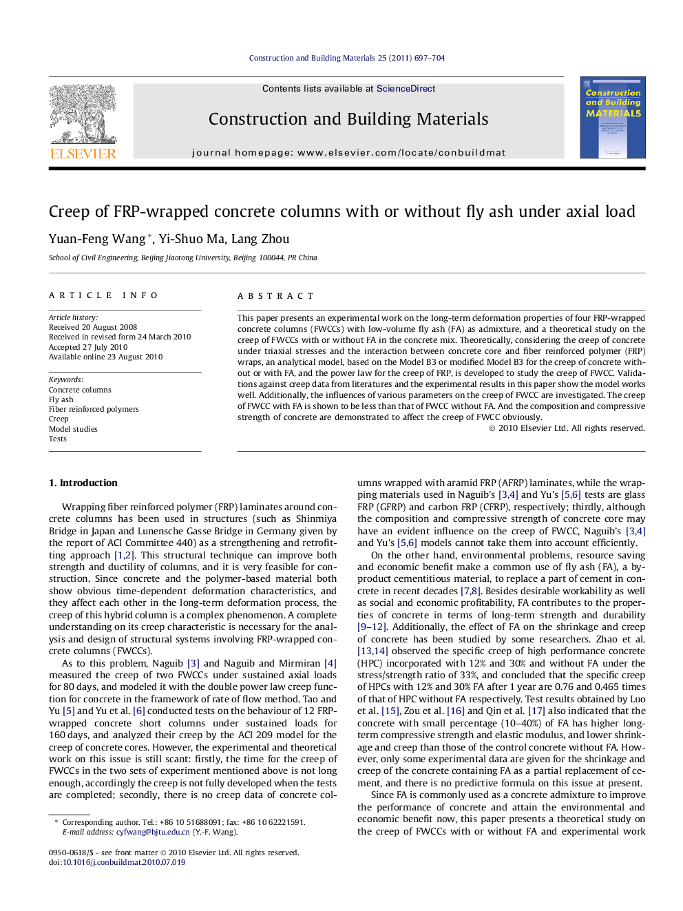 Creep of FRP-wrapped concrete columns with or without fly ash under axial load