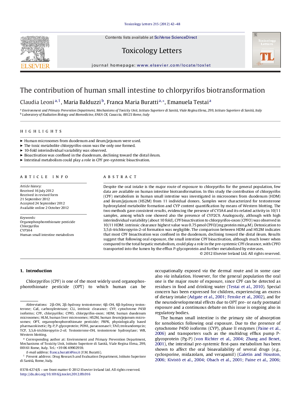 The contribution of human small intestine to chlorpyrifos biotransformation