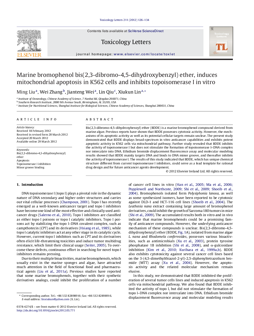 Marine bromophenol bis(2,3-dibromo-4,5-dihydroxybenzyl) ether, induces mitochondrial apoptosis in K562 cells and inhibits topoisomerase I in vitro