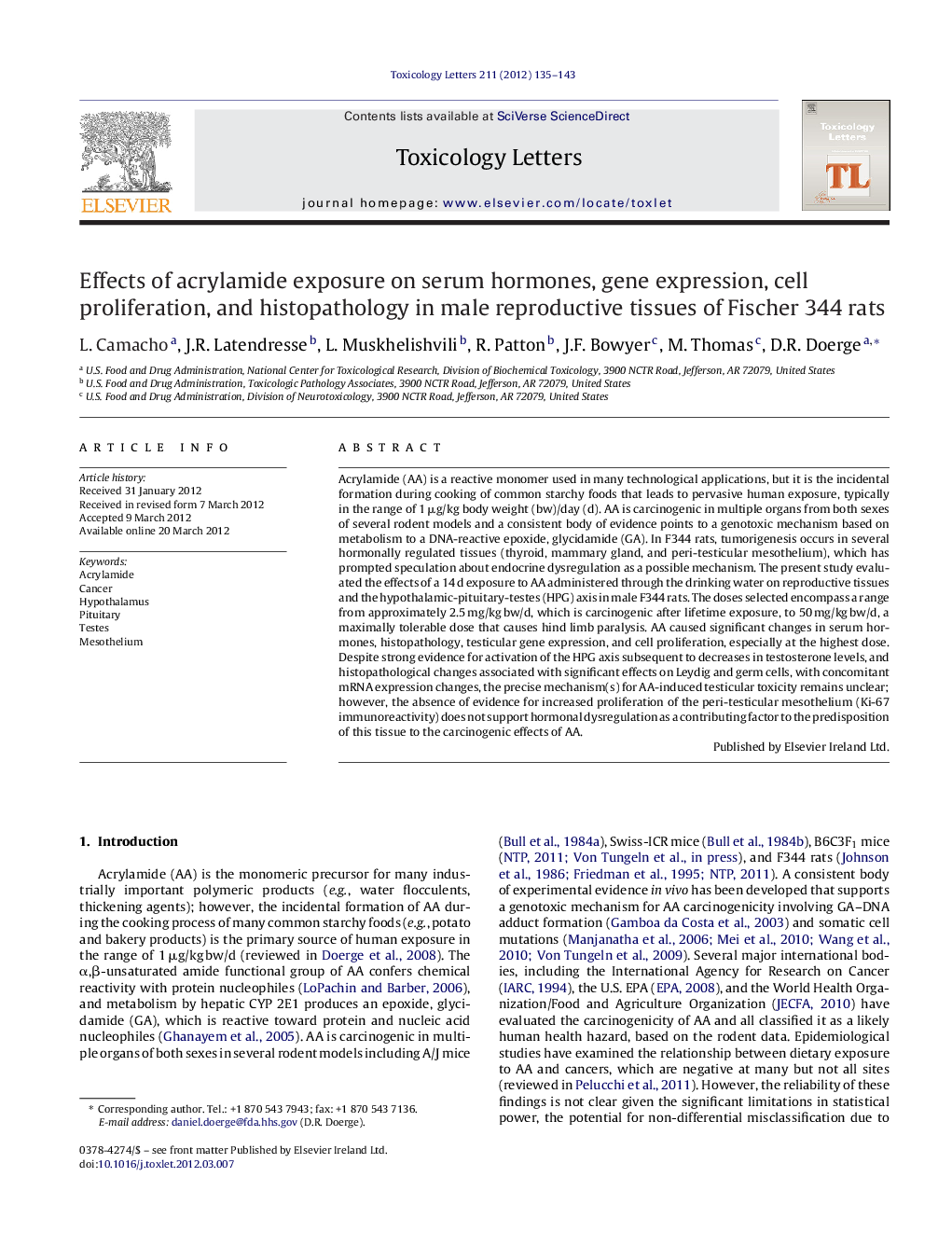 Effects of acrylamide exposure on serum hormones, gene expression, cell proliferation, and histopathology in male reproductive tissues of Fischer 344 rats