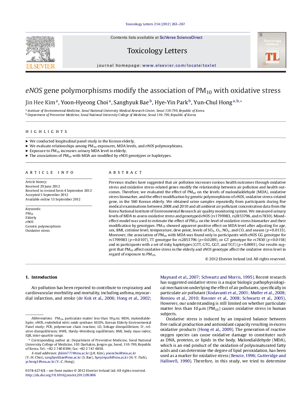 eNOS gene polymorphisms modify the association of PM10 with oxidative stress