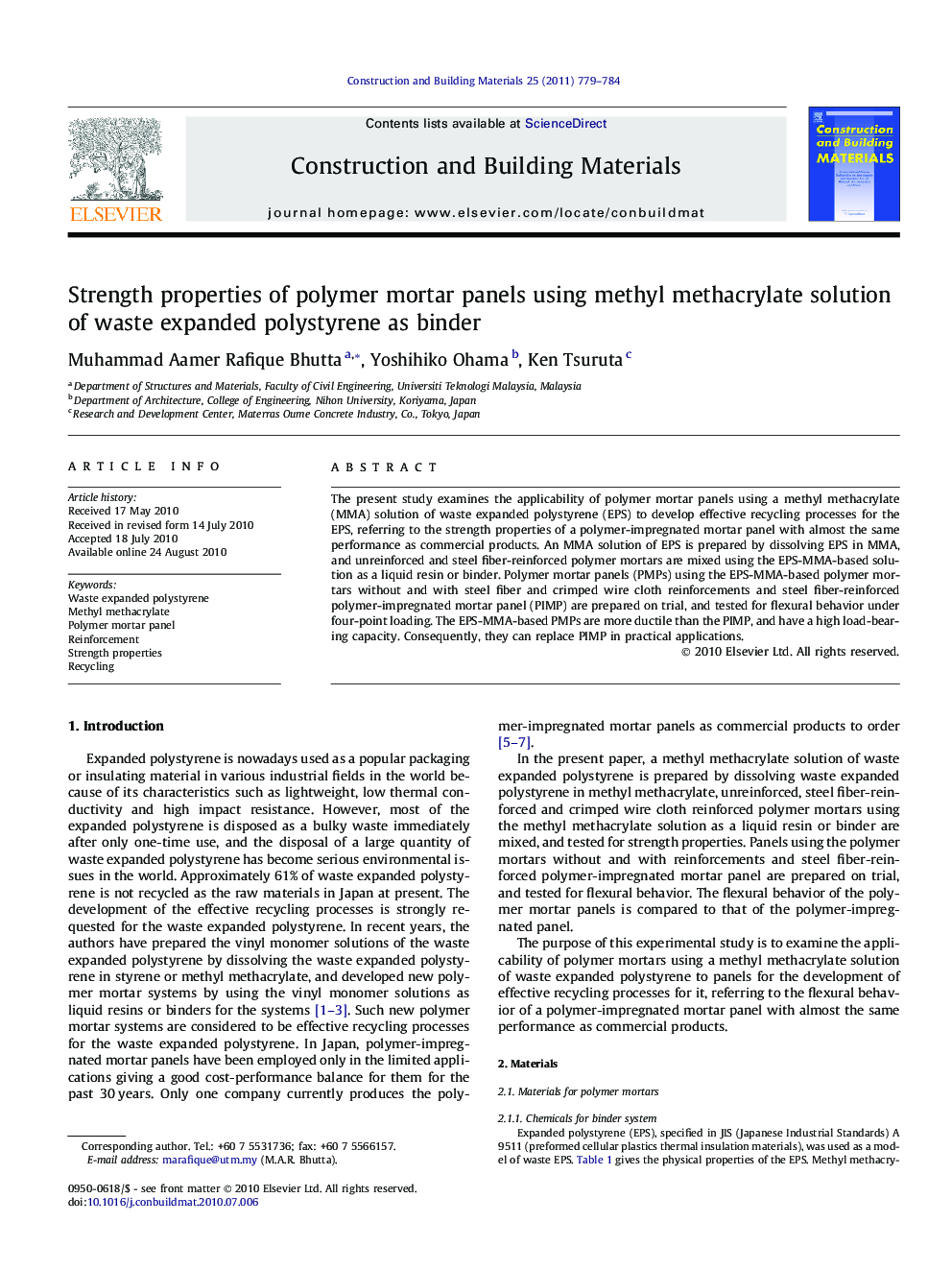 Strength properties of polymer mortar panels using methyl methacrylate solution of waste expanded polystyrene as binder