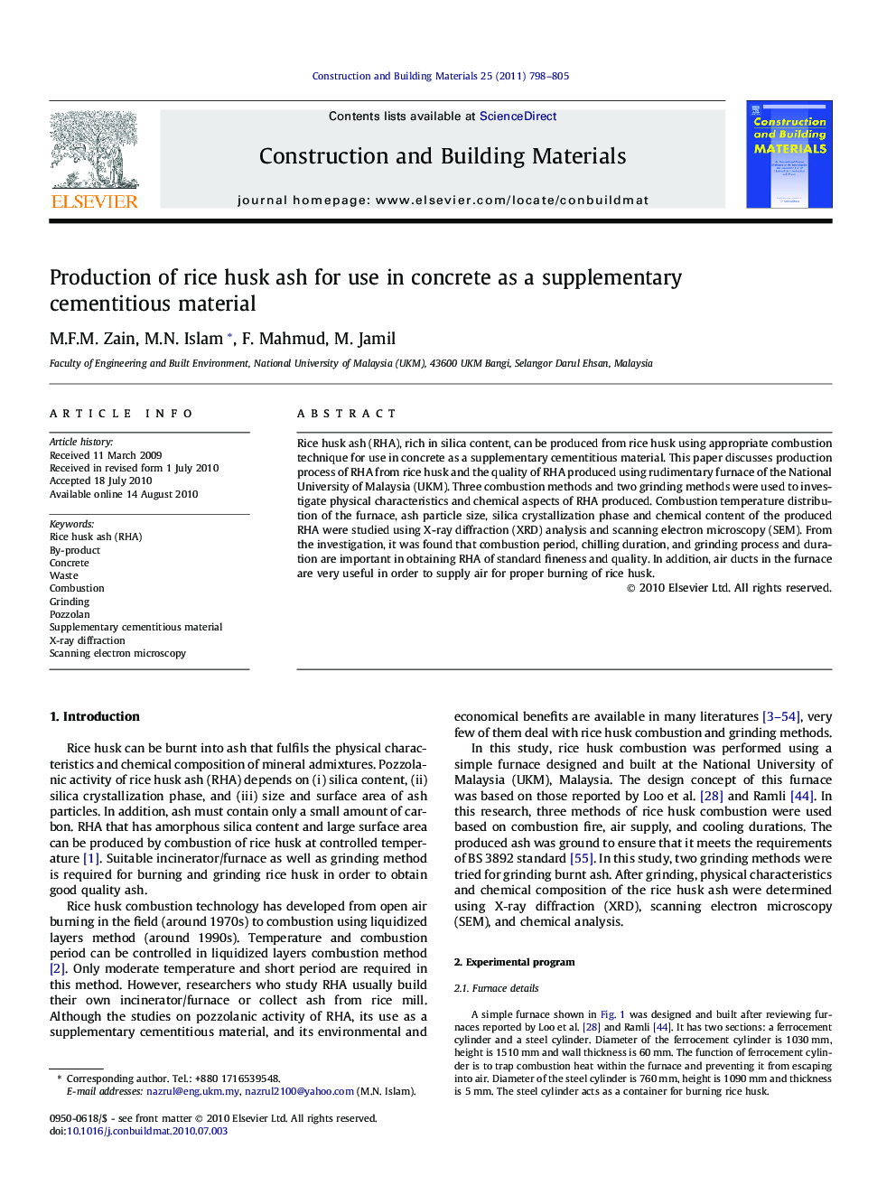 Production of rice husk ash for use in concrete as a supplementary cementitious material