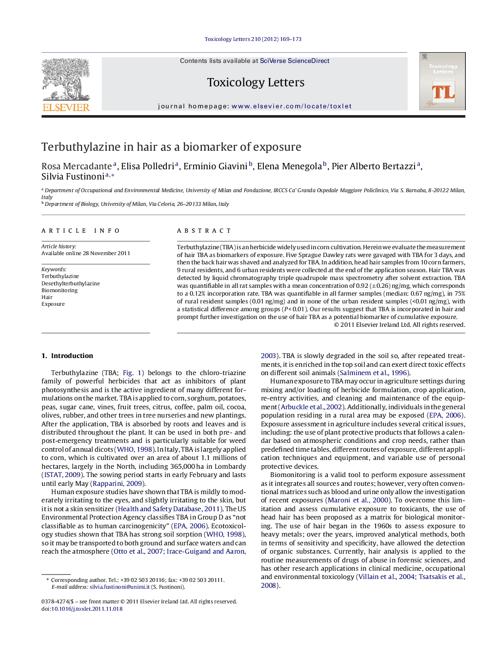 Terbuthylazine in hair as a biomarker of exposure