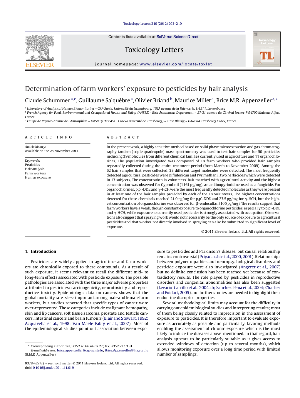 Determination of farm workers’ exposure to pesticides by hair analysis