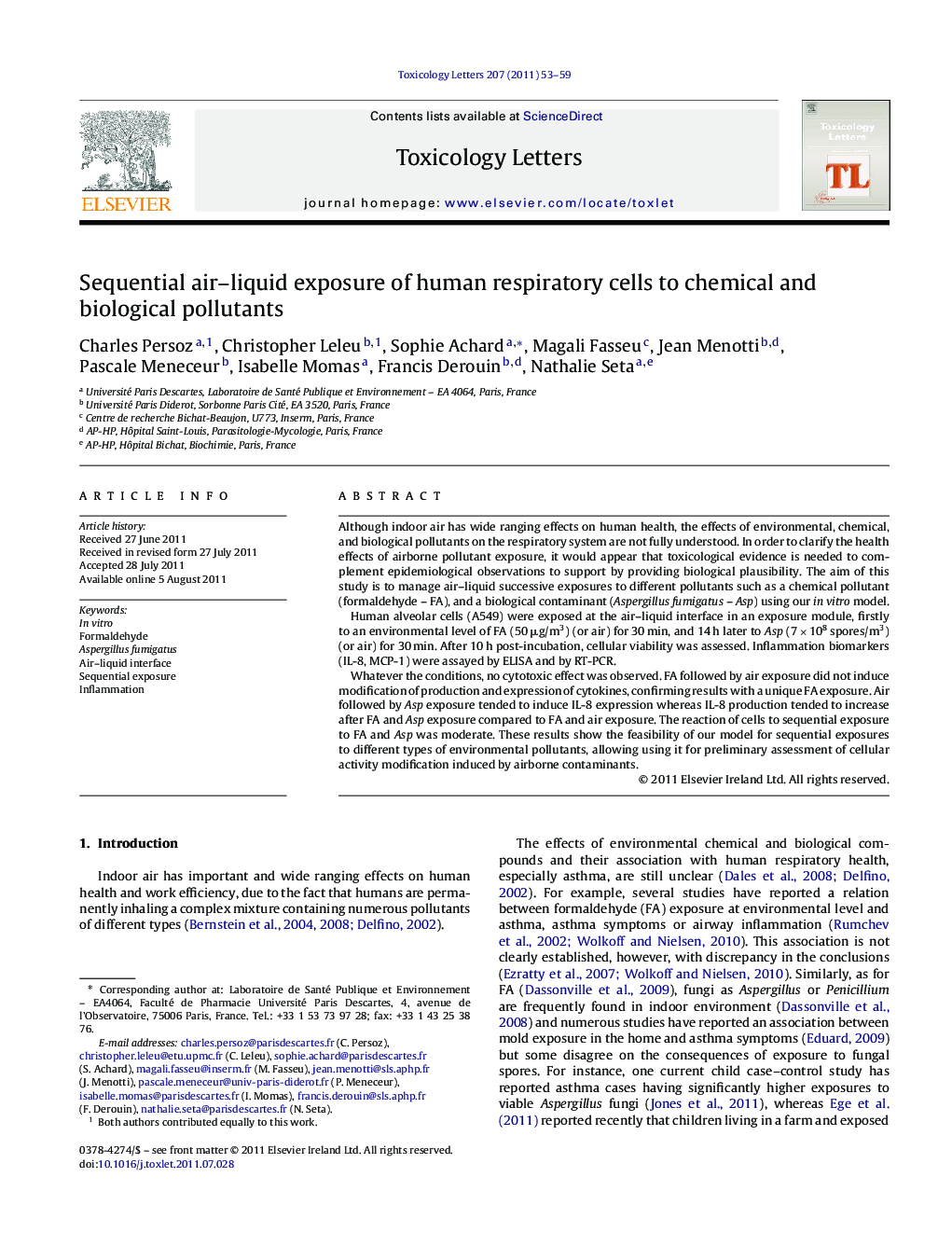 Sequential air–liquid exposure of human respiratory cells to chemical and biological pollutants