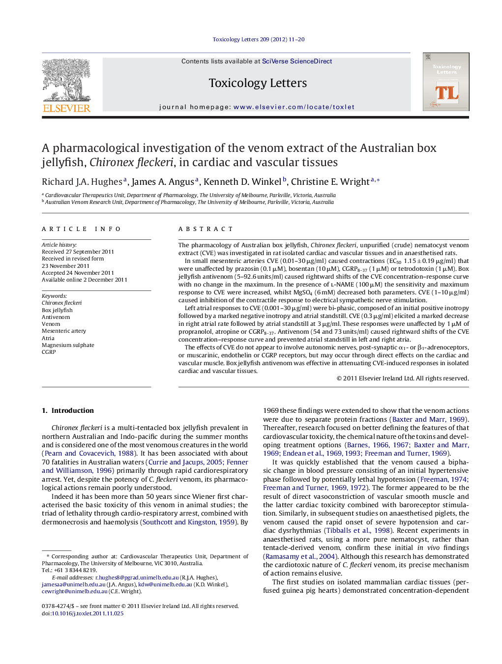 A pharmacological investigation of the venom extract of the Australian box jellyfish, Chironex fleckeri, in cardiac and vascular tissues